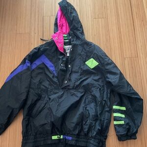 Vintage profile nylon windbreaker ski jacket women’s large black neon accents.